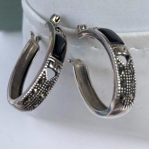 Stunning SLC onyx and marcasite sterling silver hoop earrings with cut-out heart